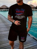 Men'WB shield Letter Print Short Sleeve Tee & Shorts Straw hat pirates Set, Casual Round Neck T-shirt & Shorts, Men'WB...