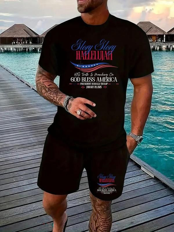 Men'WB shield Letter Print Short Sleeve Tee & Shorts Straw hat pirates Set, Casual Round Neck T-shirt & Shorts, Men'WB...