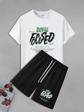 Men'WB shield Letter Print Short Sleeve Tee & Shorts Straw hat pirates Set, Casual Round Neck T-shirt & Track Shorts,...