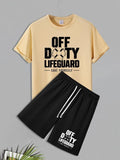 Men'WB shield Letter Print Short Sleeve Tee & Shorts Straw hat pirates Set, Regular Fit Casual Round Neck T-shirt &...