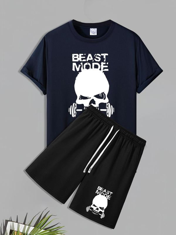 Men'WB shield Letter Print Short Sleeve Tee & Shorts Straw hat pirates Set, Regular Fit Casual Round Neck T-shirt &...