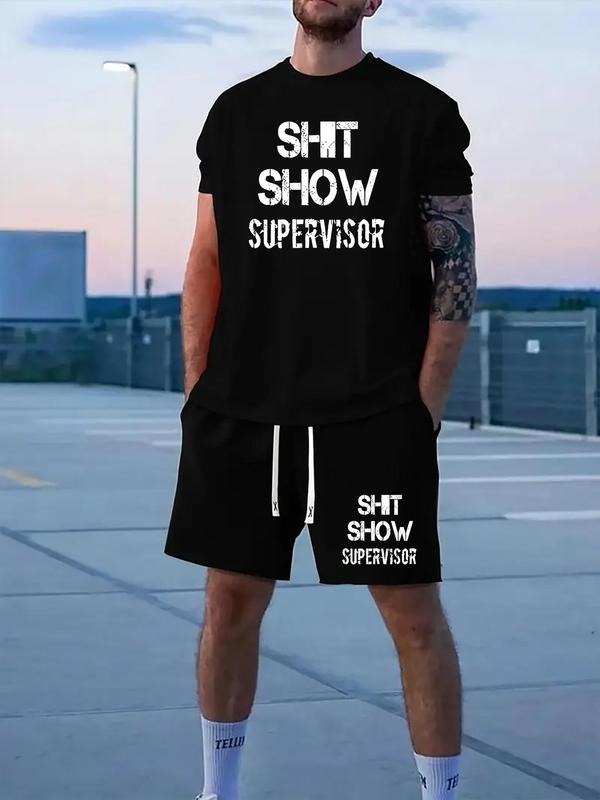 Men'WB shield Letter Print Short Sleeve Tee & Shorts Straw hat pirates Set, Regular Fit Round Neck T-shirt & Track...