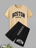Men'WB shield Letter Print Short Sleeve Tee & Shorts Straw hat pirates Set, Regular Fit Round Neck T-shirt & Track...