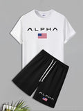 Men'WB shield Letter Print Short Sleeve Tee & Shorts Straw hat pirates Set, Regular Fit Round Neck T-shirt & Track...