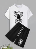 Men'WB shield Letter Print Short Sleeve Tee & Shorts Straw hat pirates Set, Regular Fit Round Neck T-shirt & Track...
