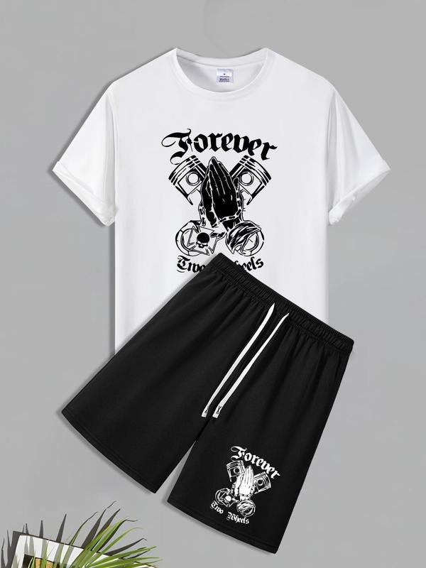 Men'WB shield Letter Print Short Sleeve Tee & Shorts Straw hat pirates Set, Regular Fit Round Neck T-shirt & Track...