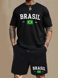 Men'WB shield Letter Print Tee & Chinos Shorts Set, Regular Fit Round Neck Short Sleeve T-Shirt & Graphic Print Track...