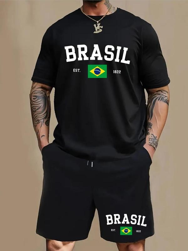 Men'WB shield Letter Print Tee & Chinos Shorts Set, Regular Fit Round Neck Short Sleeve T-Shirt & Graphic Print Track...