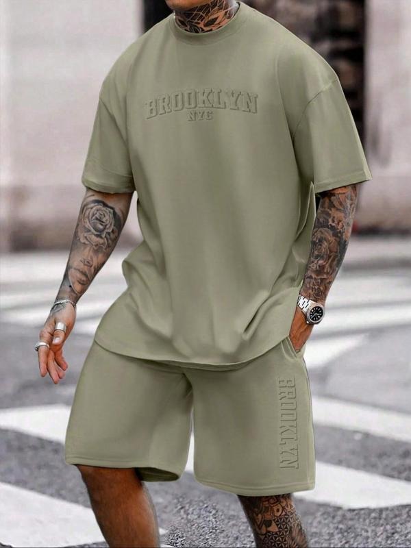 Men'WB shield Letter Print Tee & Shorts Set, Loose Casual Short Sleeve T-shirt & Track Shorts, Summer TNF Set for Men...