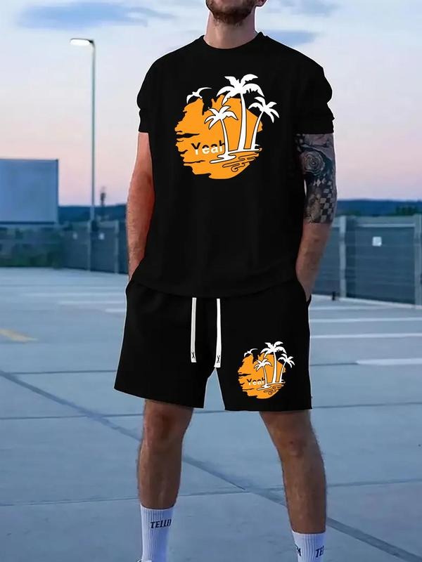 Men'WB shield Letter Print Tee & Shorts Set, Regular Fit Casual Short Sleeve T-shirt & Shorts, Men'WB shield Summer TNF...