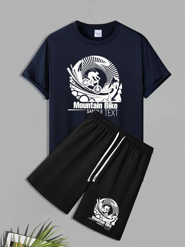 Men'WB shield Letter Print Tee & Shorts Set, Regular Fit Casual Short Sleeve T-shirt & Shorts, Men'WB shield Summer TNF...