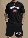 Men'WB shield Letter Print Tee & Shorts Set, Regular Fit Round Neck Short Sleeve T-Shirt & Shorts, Casual Summer TNF Set...