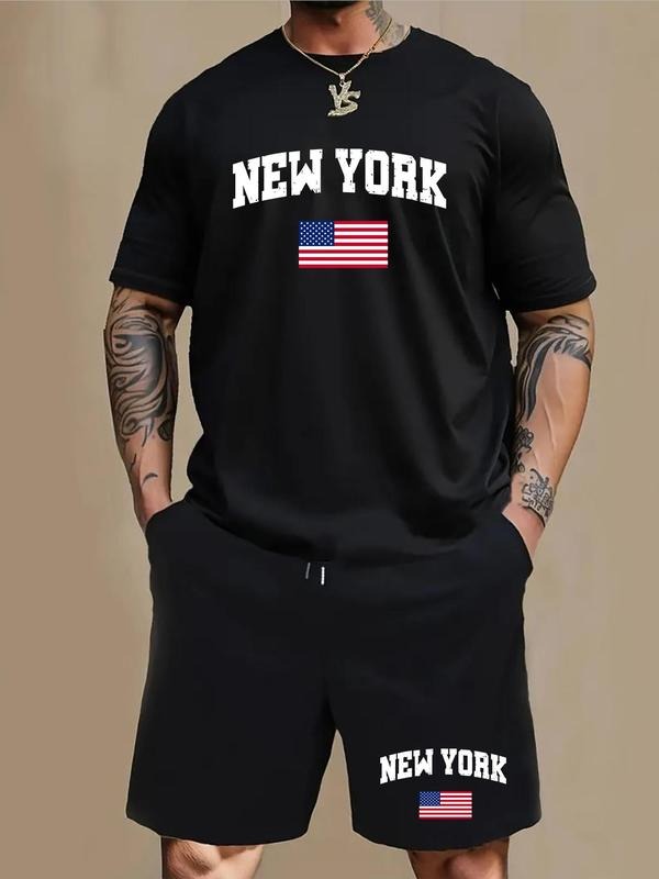 Men'WB shield Letter Print Tee & Shorts Set, Regular Fit Round Neck Short Sleeve T-Shirt & Shorts, Casual Summer TNF Set...