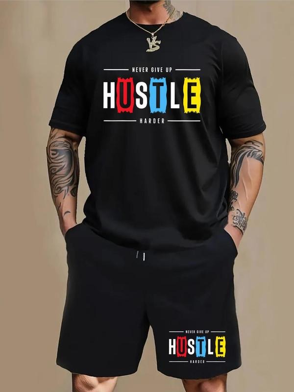 Men'WB shield Letter Print Tee & Track Shorts Set, Regular Fit Round Neck Short Sleeve T-shirt & Sweat Shorts, Casual...