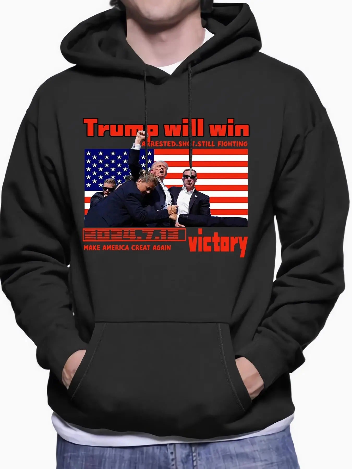 Men'WB shield Make America Great Again Print Hoodie, Casual Regular Fit Letter Print Long Sleeve Hooded Sweatshirt for...