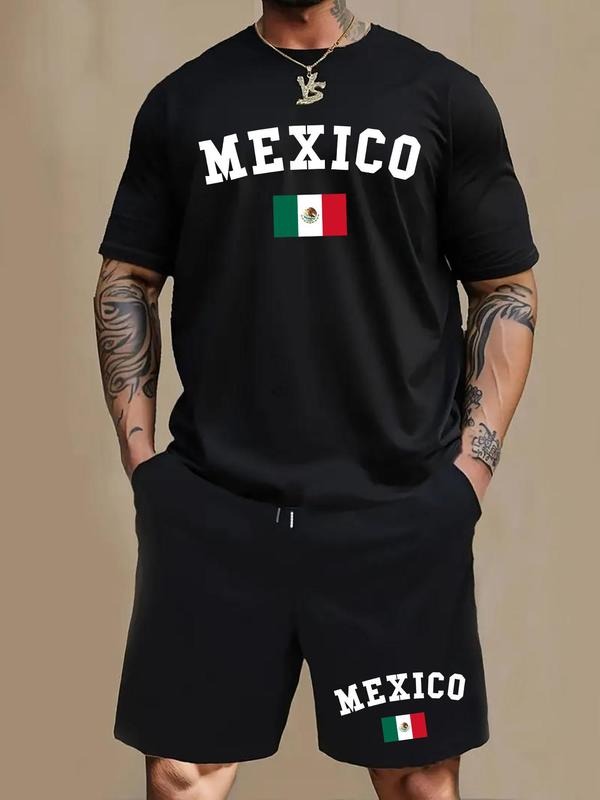 Men'WB shield Mexico Flag Print Short Sleeve Tee & Shorts Set, Regular Fit Casual Round Neck T-shirt & Track Shorts,...