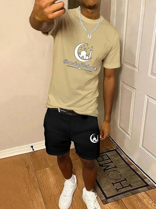 Men'WB shield Mosque Print Short Sleeve Tee & Shorts Set, Regular Fit Casual Round Neck T-shirt & Shorts, Summer TNF Set...