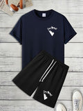 Men'WB shield Mountain Print Short Sleeve Tee & Shorts Set, Casual Round Neck T-shirt & Track Shorts, Summer TNF Set for...