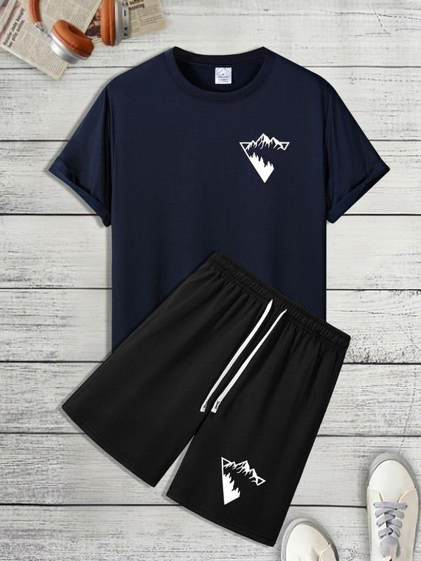 Men'WB shield Mountain Print Short Sleeve Tee & Shorts Set, Casual Round Neck T-shirt & Track Shorts, Summer TNF Set for...