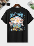 Men'WB shield Mushroom & Floral Print Round Neck Tee, Street Fashion Short Sleeve T-shirt for Daily Vacation Outdoor...