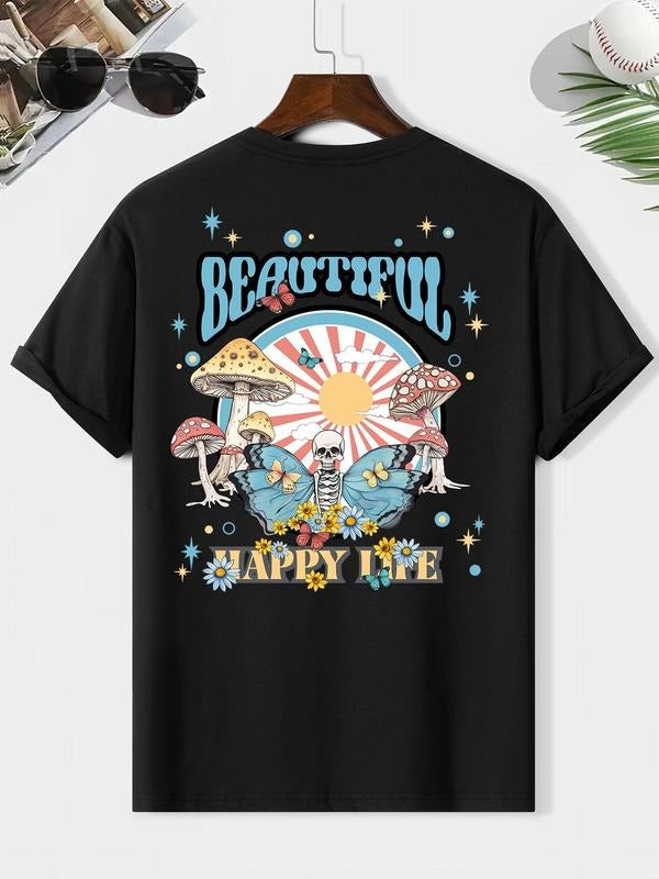 Men'WB shield Mushroom & Floral Print Round Neck Tee, Street Fashion Short Sleeve T-shirt for Daily Vacation Outdoor...