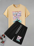Men'WB shield Mushroom Print Short Sleeve Tee & Shorts Straw hat pirates Set, Loose Casual Round Neck T-shirt & Shorts,...