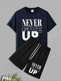 Men'WB shield Never Give Up Print Short Sleeve Tee & Shorts Set, Regular Fit Casual Round Neck T-shirt & Shorts, Men'WB...