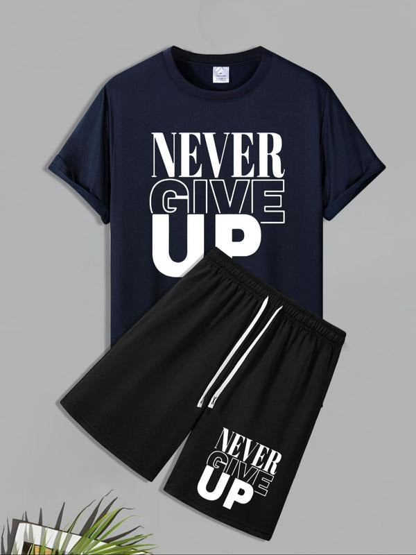 Men'WB shield Never Give Up Print Short Sleeve Tee & Shorts Set, Regular Fit Casual Round Neck T-shirt & Shorts, Men'WB...