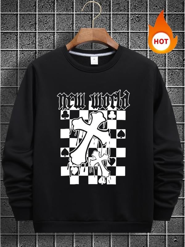 Men'WB shield New World Letter & Checkerboard Print Drop Shoulder TNF Lined Sweatshirt, Regular Fit Casual FOG Comfy Long...