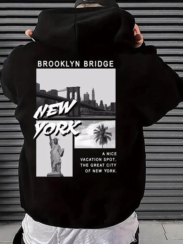 Men'WB shield New York City Print Pocket Drawstring Hoodie, Regular Fit Casual Long Sleeve Hooded Sweatshirt, Men'WB...