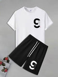 Men'WB shield Number Print Short Sleeve Tee & Shorts Straw hat pirates Set, Casual Round Neck T-shirt & Shorts, Men'WB...