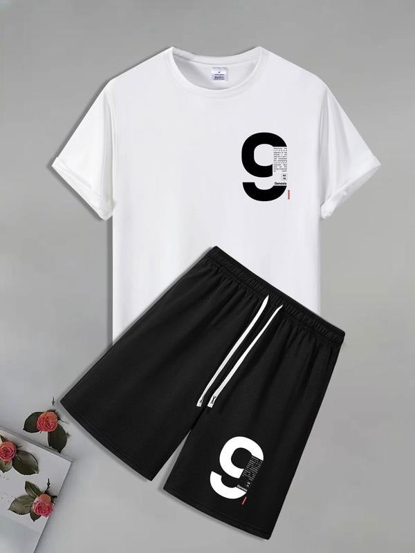 Men'WB shield Number Print Short Sleeve Tee & Shorts Straw hat pirates Set, Casual Round Neck T-shirt & Shorts, Men'WB...