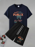 Men'WB shield Palm Tree Print Short Sleeve Tee & Shorts Straw hat pirates Set, Casual Round Neck T-shirt & Shorts, Men'WB...