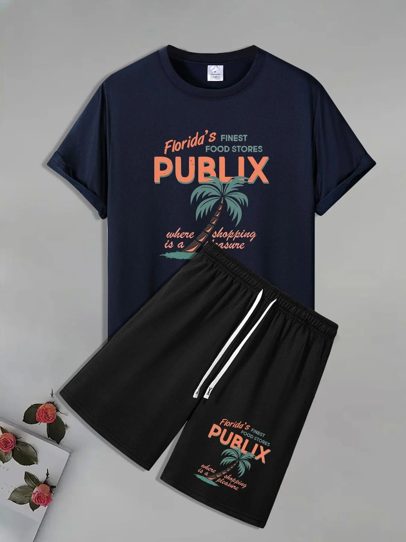 Men'WB shield Palm Tree Print Short Sleeve Tee & Shorts Straw hat pirates Set, Casual Round Neck T-shirt & Shorts, Men'WB...