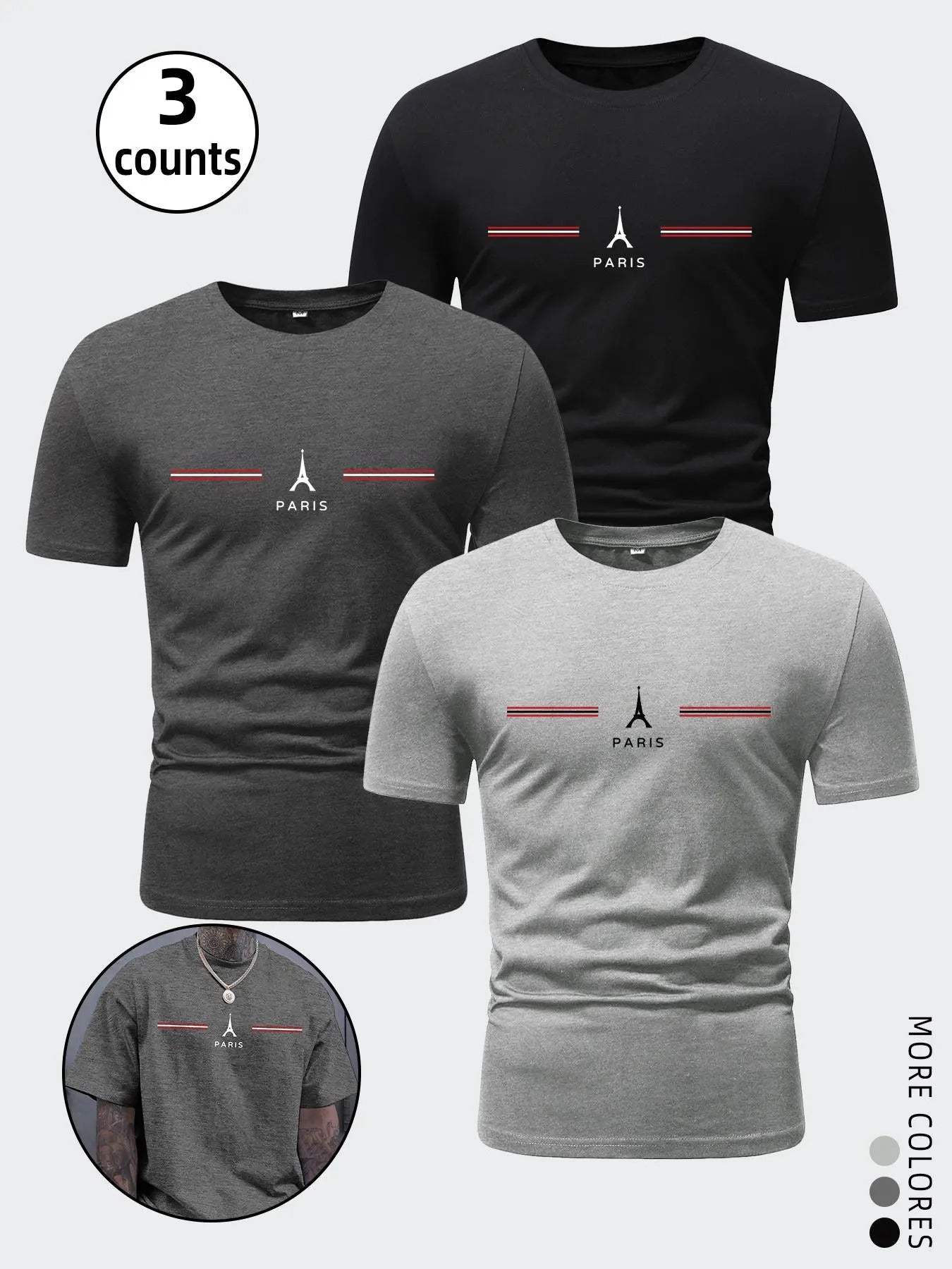 Men'WB shield Paris Eiffel Tower Print Round Neck Tee, Regular Fit Casual Short Sleeve Crew Neck T-Shirt for Summer,...