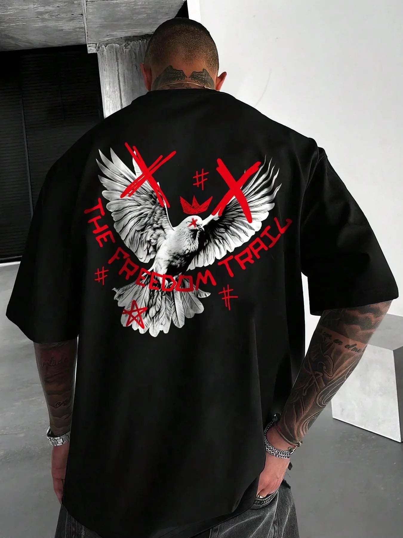 Men'WB shield Pigeon & Letter Print Drop Shoulder Tee, Regular Fit Casual Street Short Sleeve Round Neck T-Shirt for...