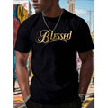Men'WB shield Plus Size "BLESSED" Golden Font Print T-Shirt, 100% Cotton Casual Short Sleeve Crew Neck Tee Hoodie, Sweatshirt