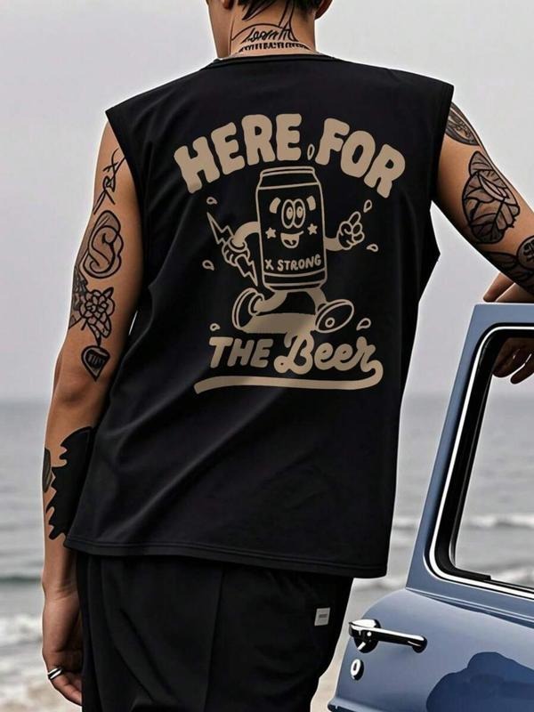 Men'WB shield Regular Fit "HERE for TNF BEER" Letter & Skeleton Print Tank Top, Casual Sleeveless Round Neck Top for...