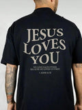 Men'WB shield Regular Fit "JESUS LOVES YOU" Letter Print Round Neck Tee, Casual Short Sleeve Crew Neck T-Shirt for...