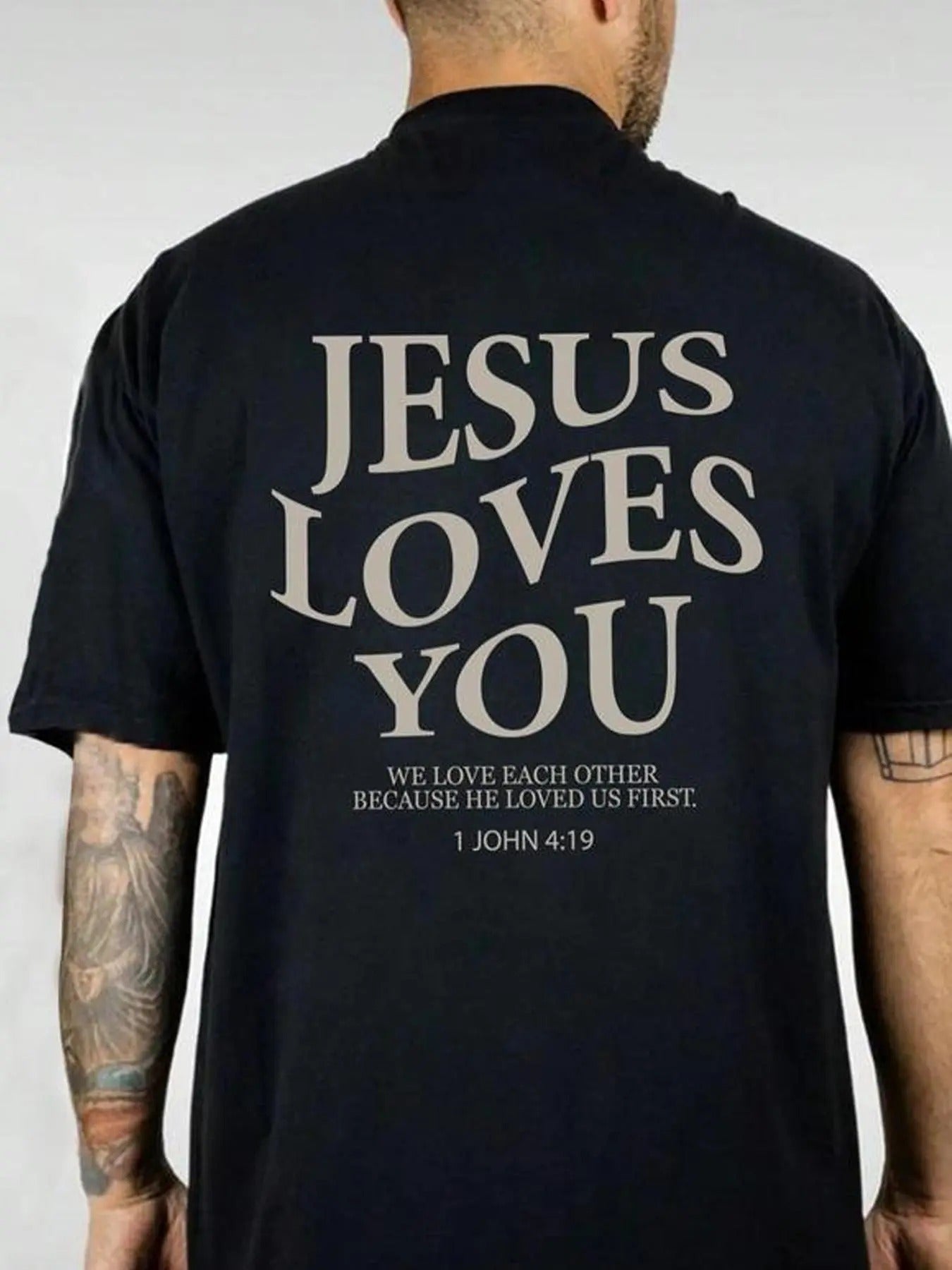 Men'WB shield Regular Fit "JESUS LOVES YOU" Letter Print Round Neck Tee, Casual Short Sleeve Crew Neck T-Shirt for...