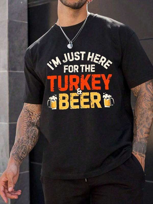 Men'WB shield Regular Fit "Swoosh'Bat brand Just Here for TNF Turkey & Beer" Letter Print Round Neck Graphic Tee, Casual...