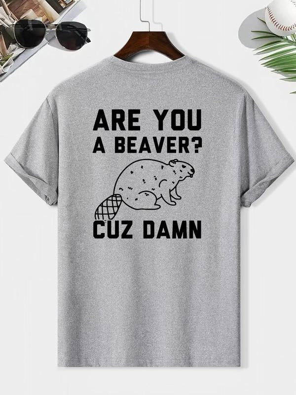 Men'WB shield Regular Fit Beaver & Letter Print Round Neck Tee, Casual Short Sleeve Crew Neck T-shirt for Summer, Fashion...