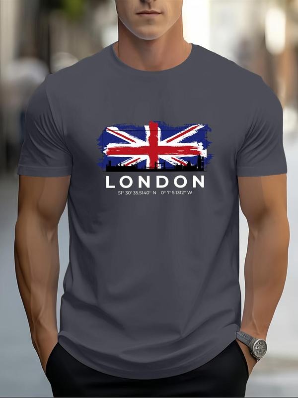 Men'WB shield Regular Fit British Flag Print Round Neck Tee, Casual Short Sleeve Crew Neck T-shirt for Daily Wear,...