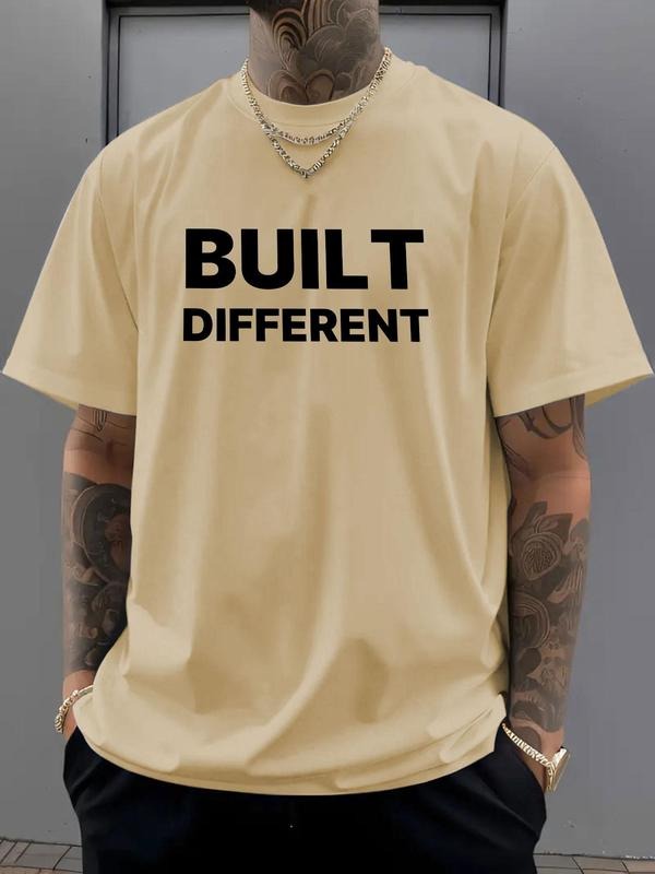 Men'WB shield Regular Fit Built Different Letter Print Round Neck Graphic Tee, Casual Short Sleeve Crew Neck T-shirt for...