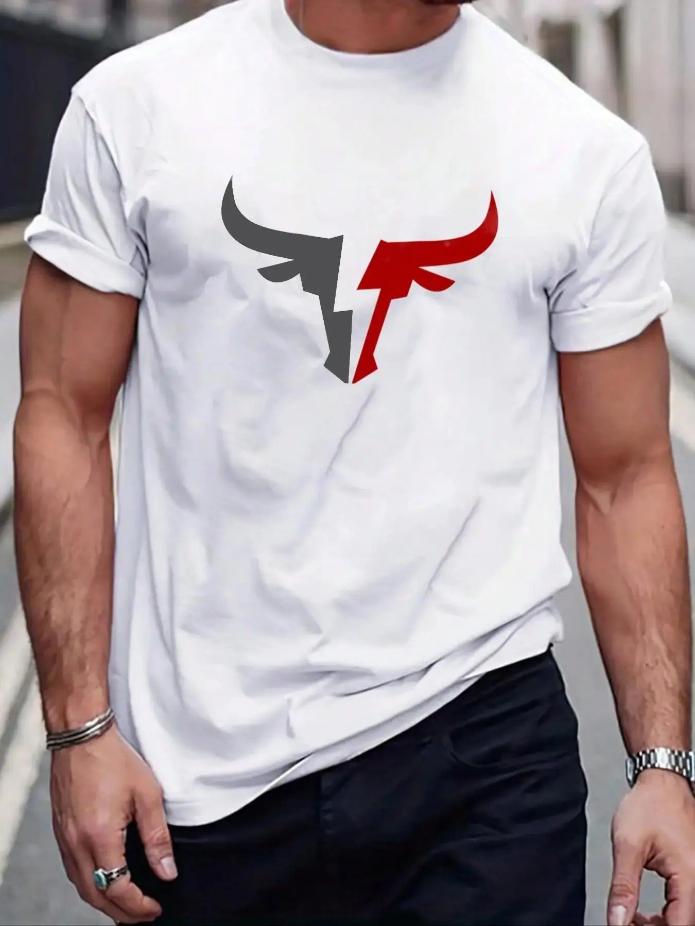 Men'WB shield Regular Fit Bull Print Round Neck Tee, Casual Short Sleeve Crew Neck T-Shirt for Summer, Fashion Men'WB...
