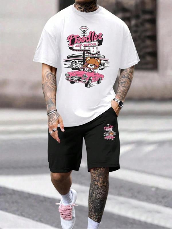 Men'WB shield Regular Fit Car & Letter Print Short Sleeve Tee & Shorts Straw hat pirates Set, Casual Round Neck T-shirt &...
