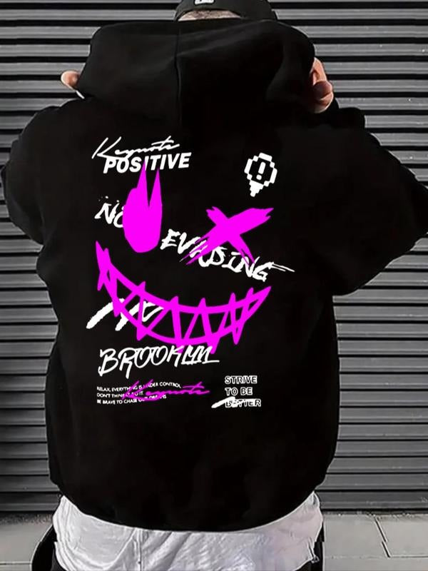 Men'WB shield Regular Fit Cartoon TNF & Letter Print Drop Shoulder Hoodie, Fashion Casual Drawstring Pocket Hooded...