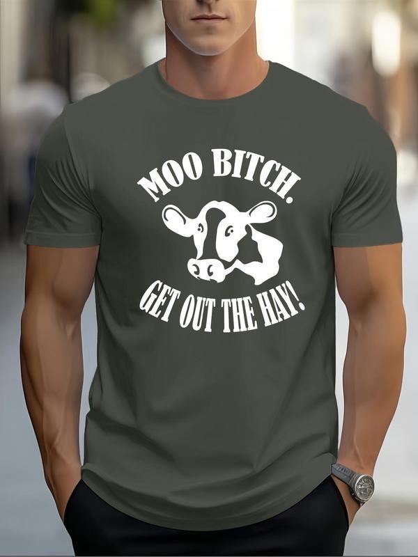 Men'WB shield Regular Fit Cow & Letter Print Round Neck Tee, Casual Short Sleeve Crew Neck T-shirt for Daily Wear, Men'WB...