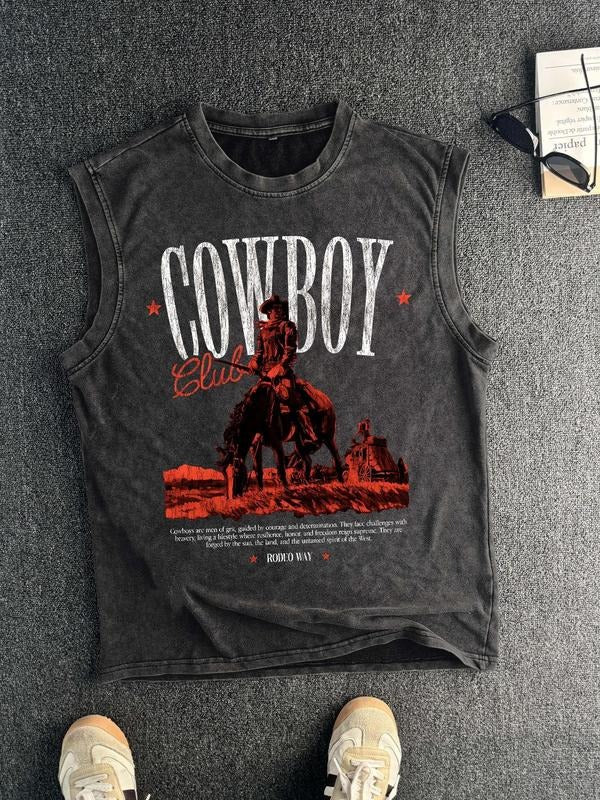 Men'WB shield Regular Fit Cowboy Print Round Neck Tank Top, Casual Sleeveless Graphic Vest for Summer, Fashion Men'WB...
