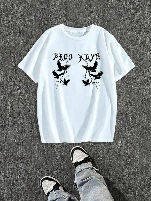Men'WB shield Regular Fit Crow Print Round Neck Graphic Tee, Casual Short Sleeve Crew Neck T-shirt for Daily Wear,...